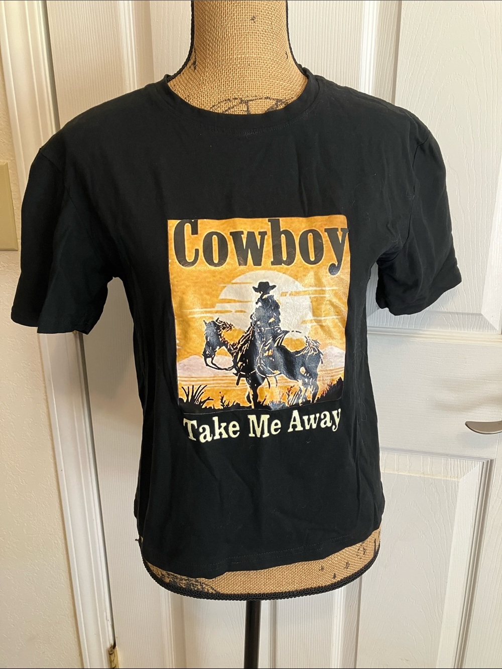 Cowboy take me away - cotton black short sleeved western country tee Size S